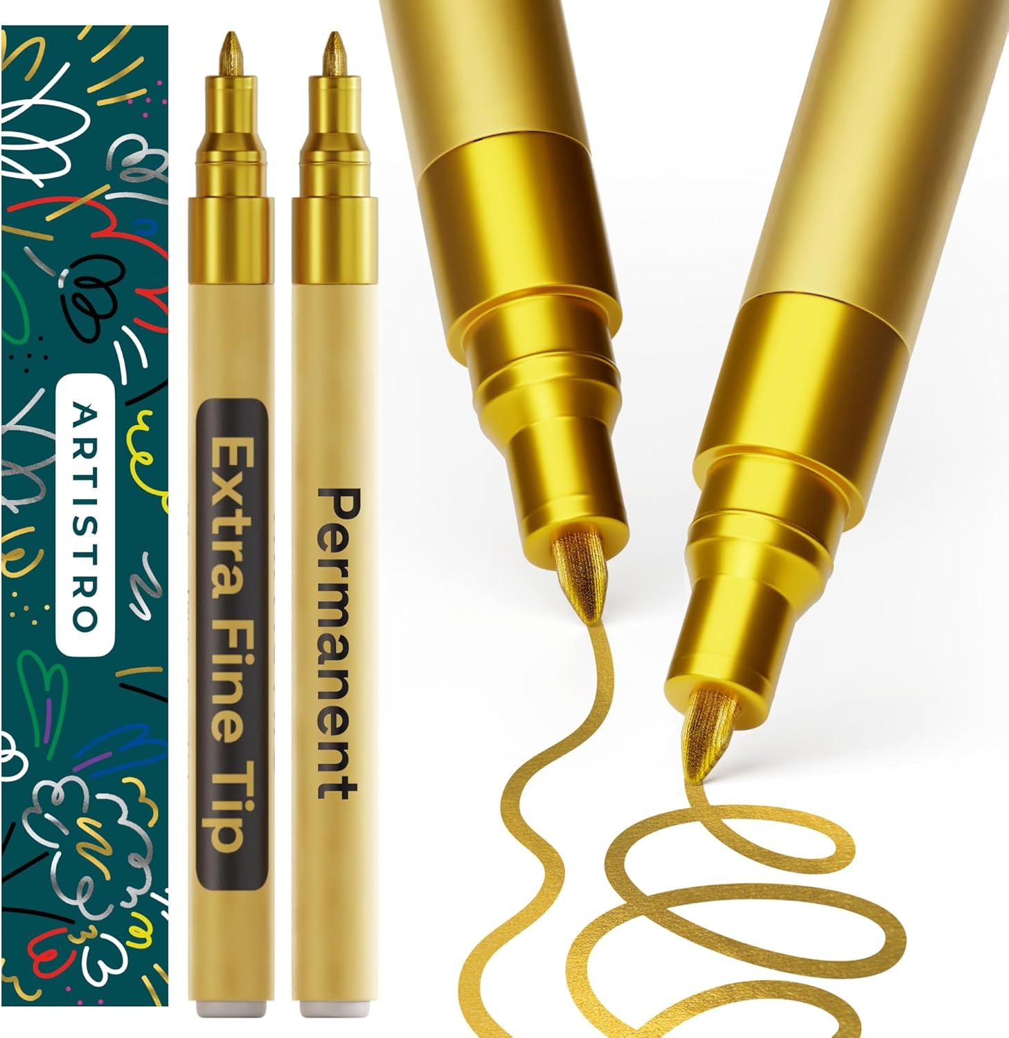 image:imageARTISTRO 2 White Permanent Marker Waterproof Markers for Tire Fabric Rocks Glass Ceramic Wood Paper Oil Based Paint Pens ExtraFine Tip 07mmGold