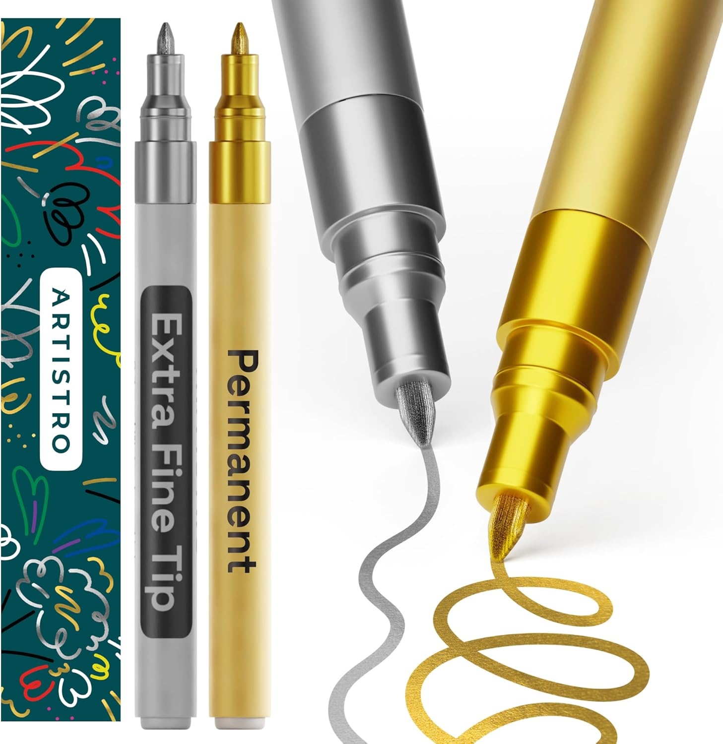 image:imageARTISTRO 2 White Permanent Marker Waterproof Markers for Tire Fabric Rocks Glass Ceramic Wood Paper Oil Based Paint Pens ExtraFine Tip 07mmSilver Gold