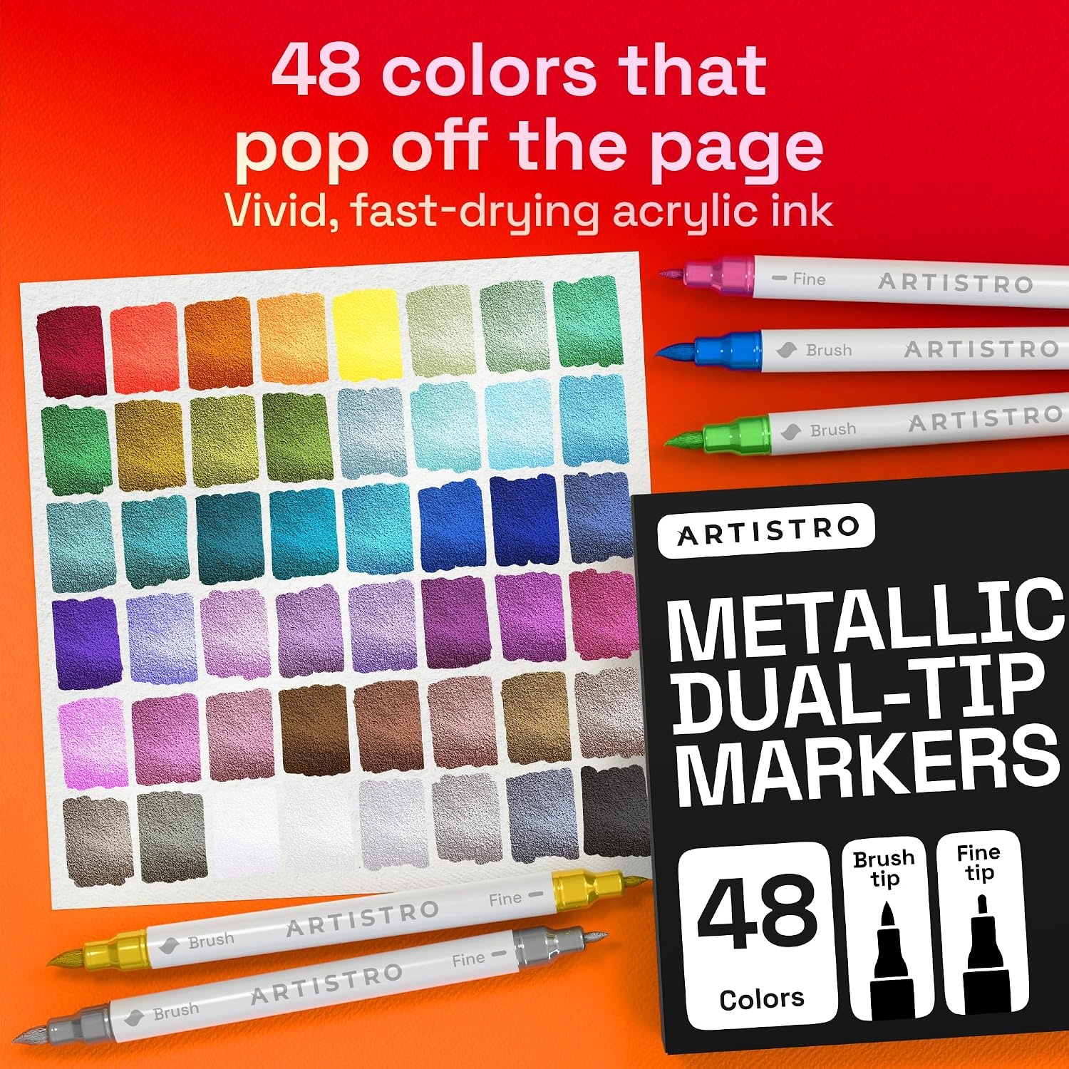 image:imageARTISTRO 36 Mixed Colors DualTip Acrylic Paint Marker Pens for DrawingMetallic
