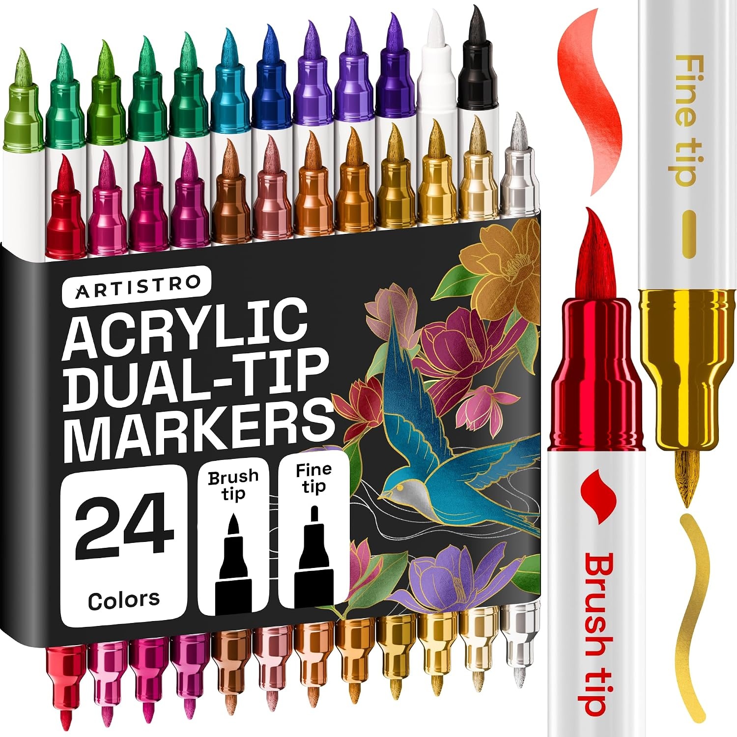 image:imageARTISTRO 36 Mixed Colors DualTip Acrylic Paint Marker Pens for DrawingMetallic