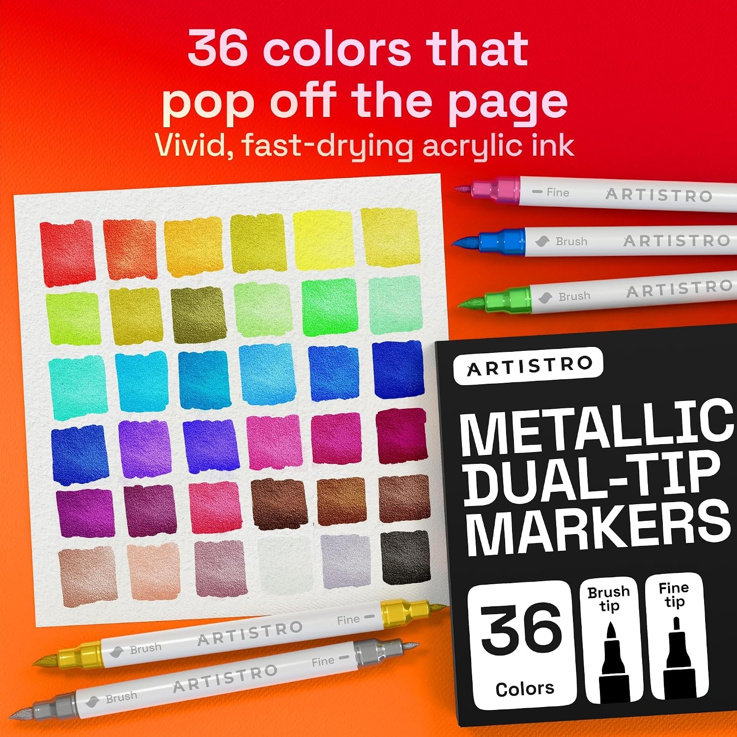 image:imageARTISTRO 36 Mixed Colors DualTip Acrylic Paint Marker Pens for DrawingMetallic