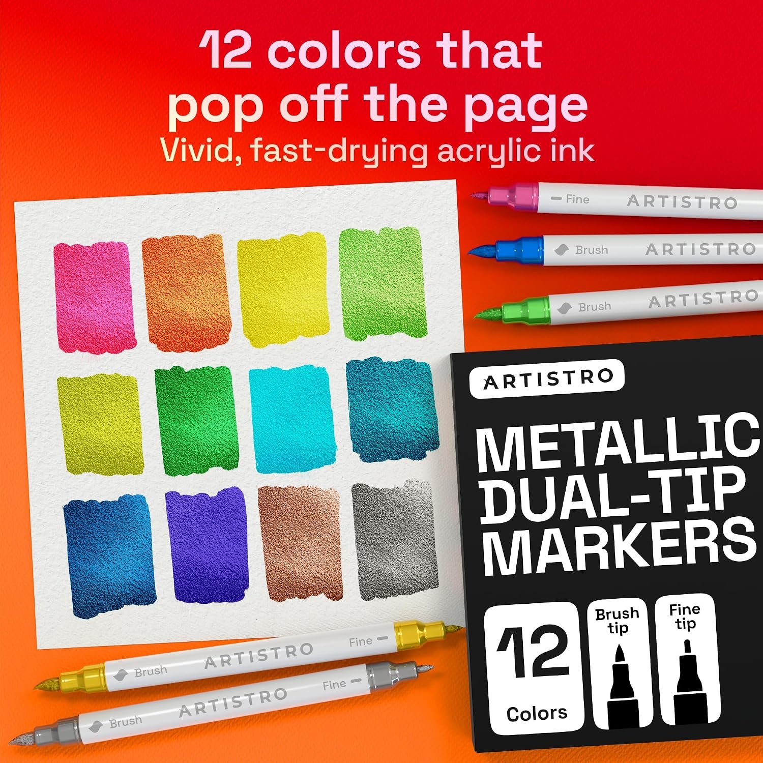 image:imageARTISTRO 36 Mixed Colors DualTip Acrylic Paint Marker Pens for DrawingMetallic