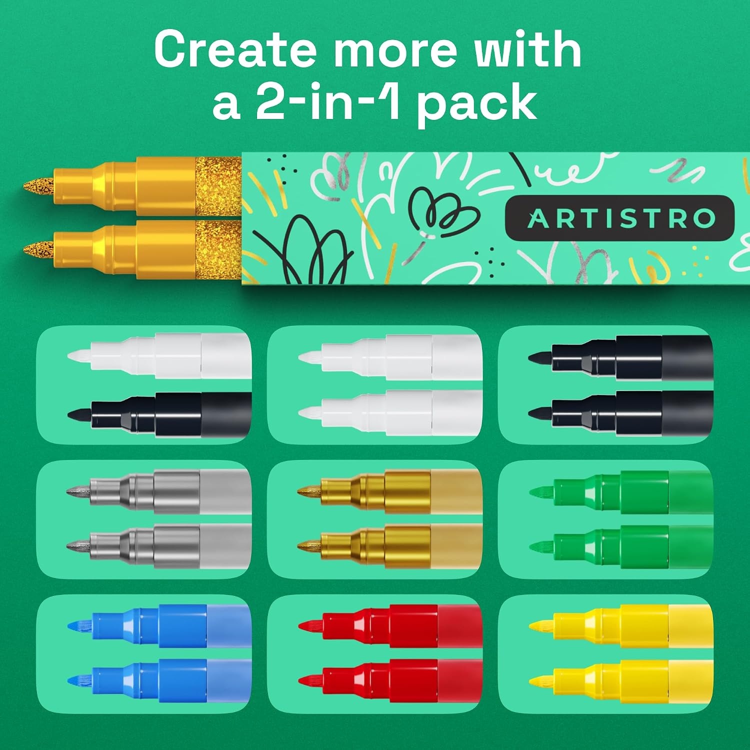 image:imageARTISTRO Black Acrylic Paint Markers 07mm Extra FineTip Set of 2Glitter Gold
