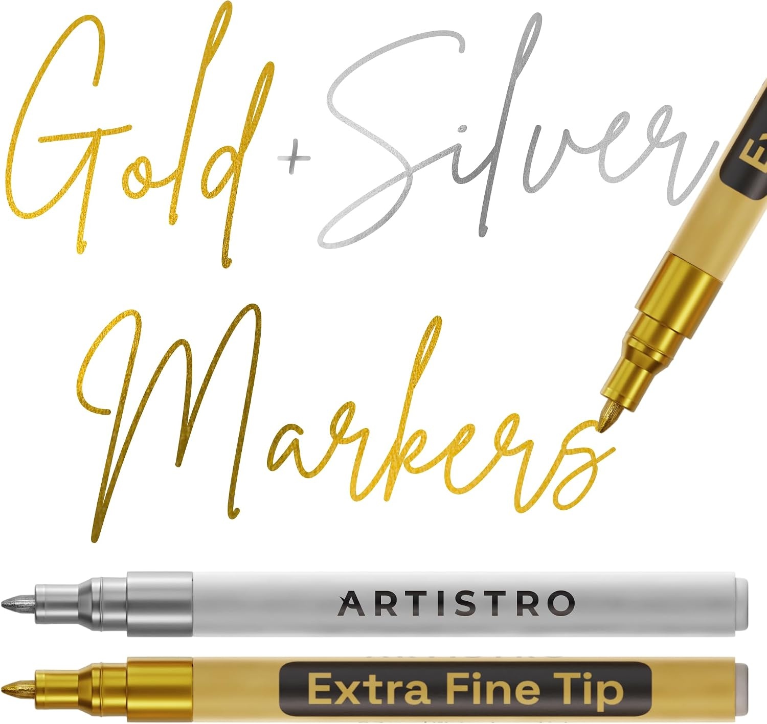 image:imageARTISTRO Black Acrylic Paint Markers 07mm Extra FineTip Set of 2Gold Silver