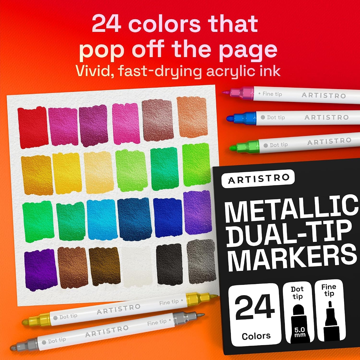 image:imageARTISTRO Black DualTip Acrylic Paint Marker Pens Set of 5Metallic