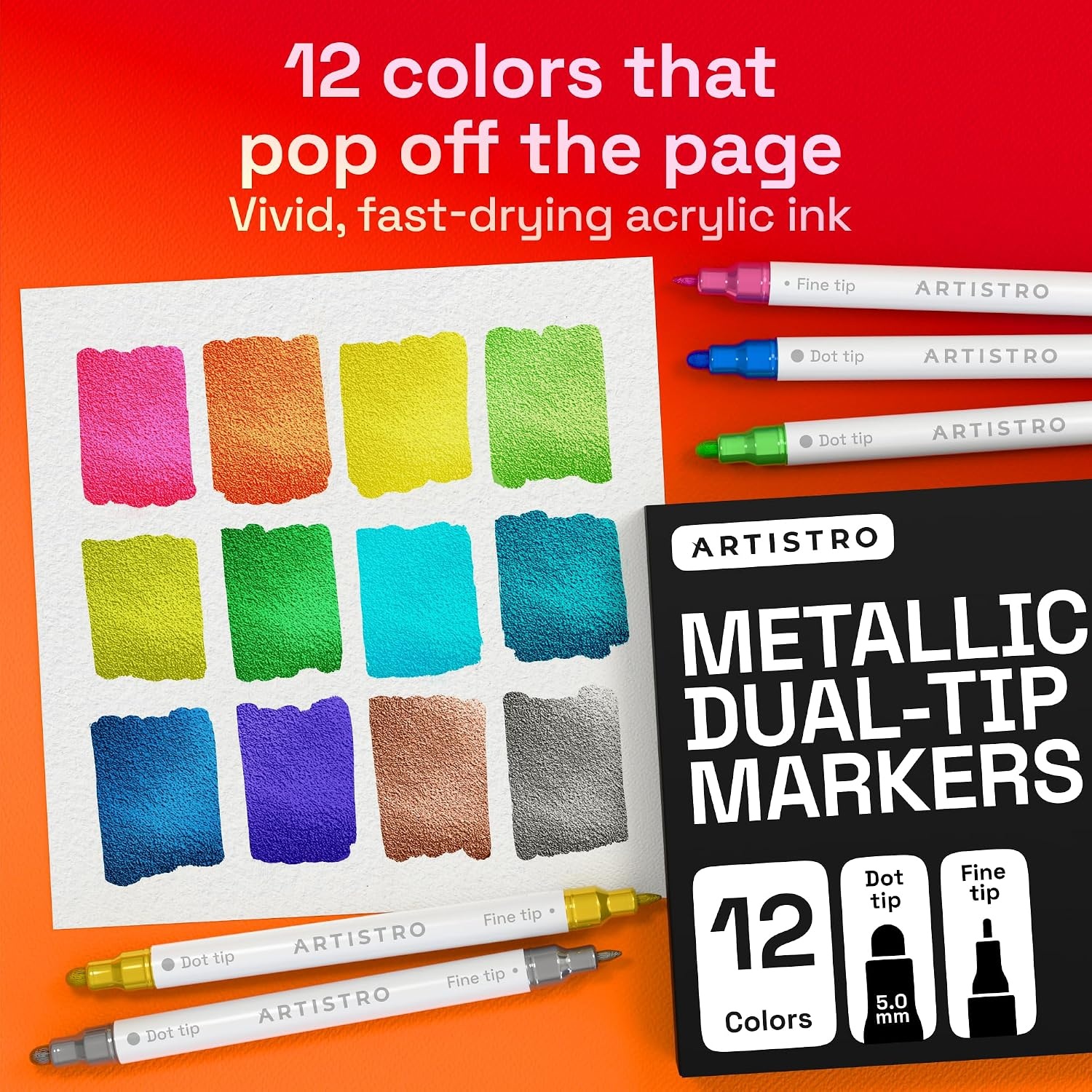 image:imageARTISTRO Black DualTip Acrylic Paint Marker Pens Set of 5Metallic