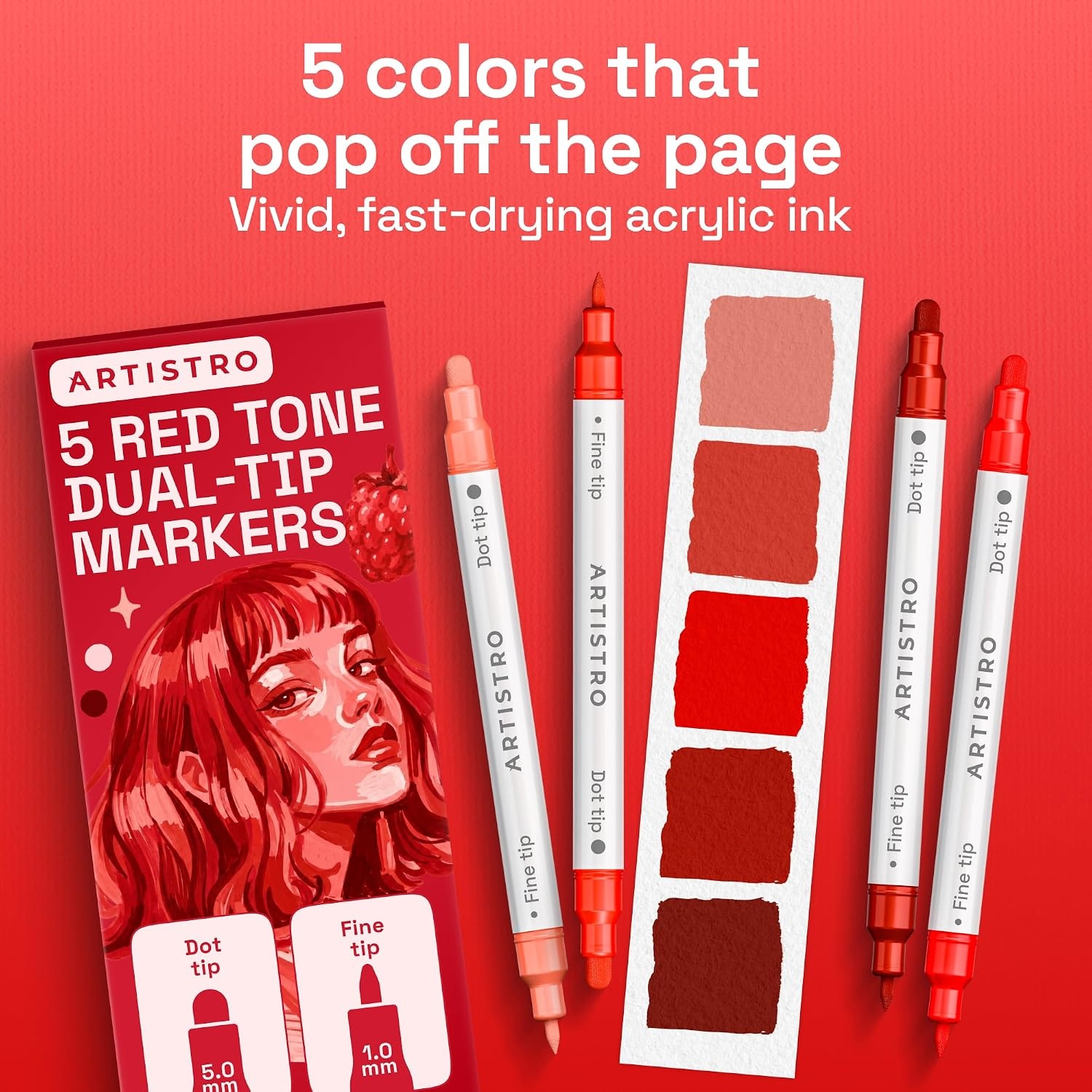 image:imageARTISTRO Black DualTip Acrylic Paint Marker Pens Set of 5Red