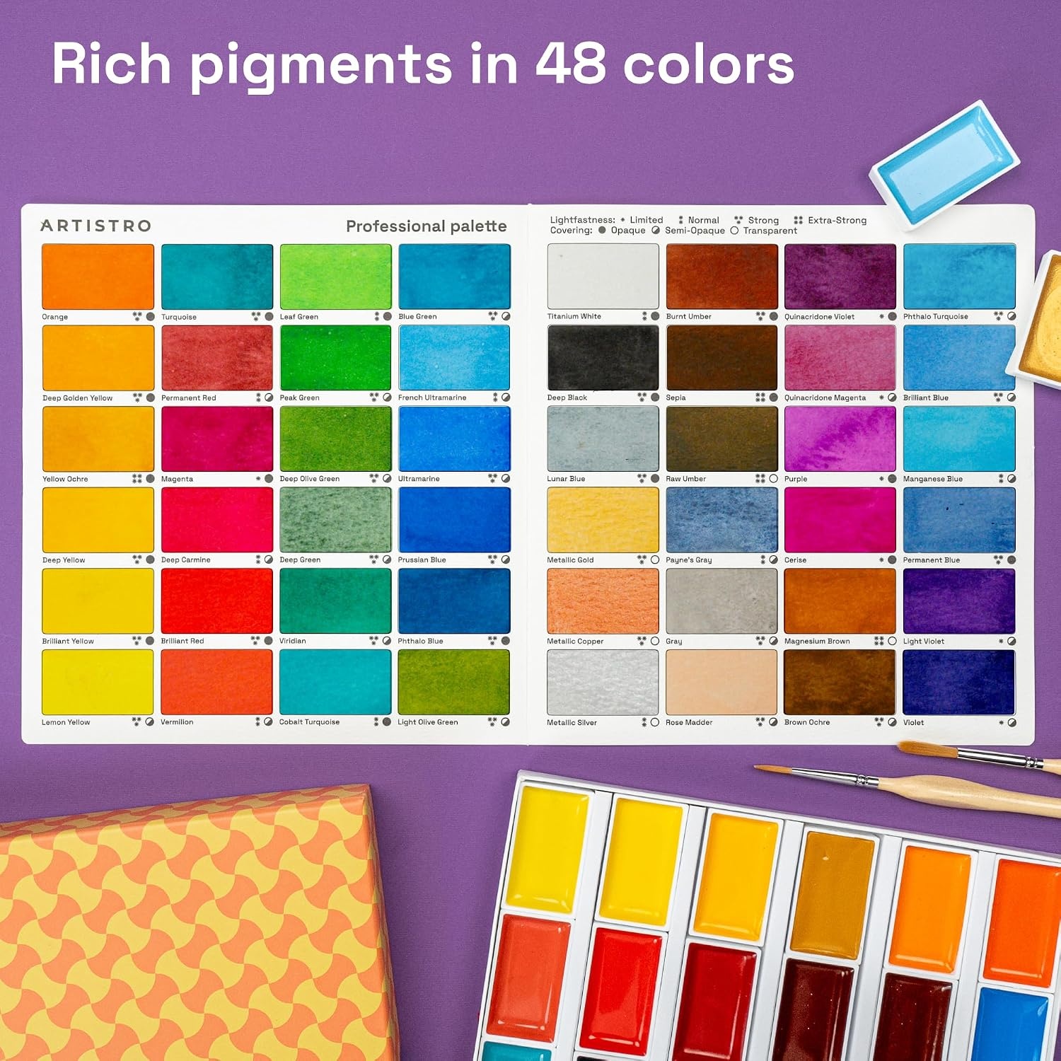 image:imageARTISTRO Professional Watercolor Paint Set for Adults 48 PigmentRich Colors XL Pans ASTMI Lightfastness High Tinting Strength Watercolor Set for Professionals made by professionals48 Multicolors
