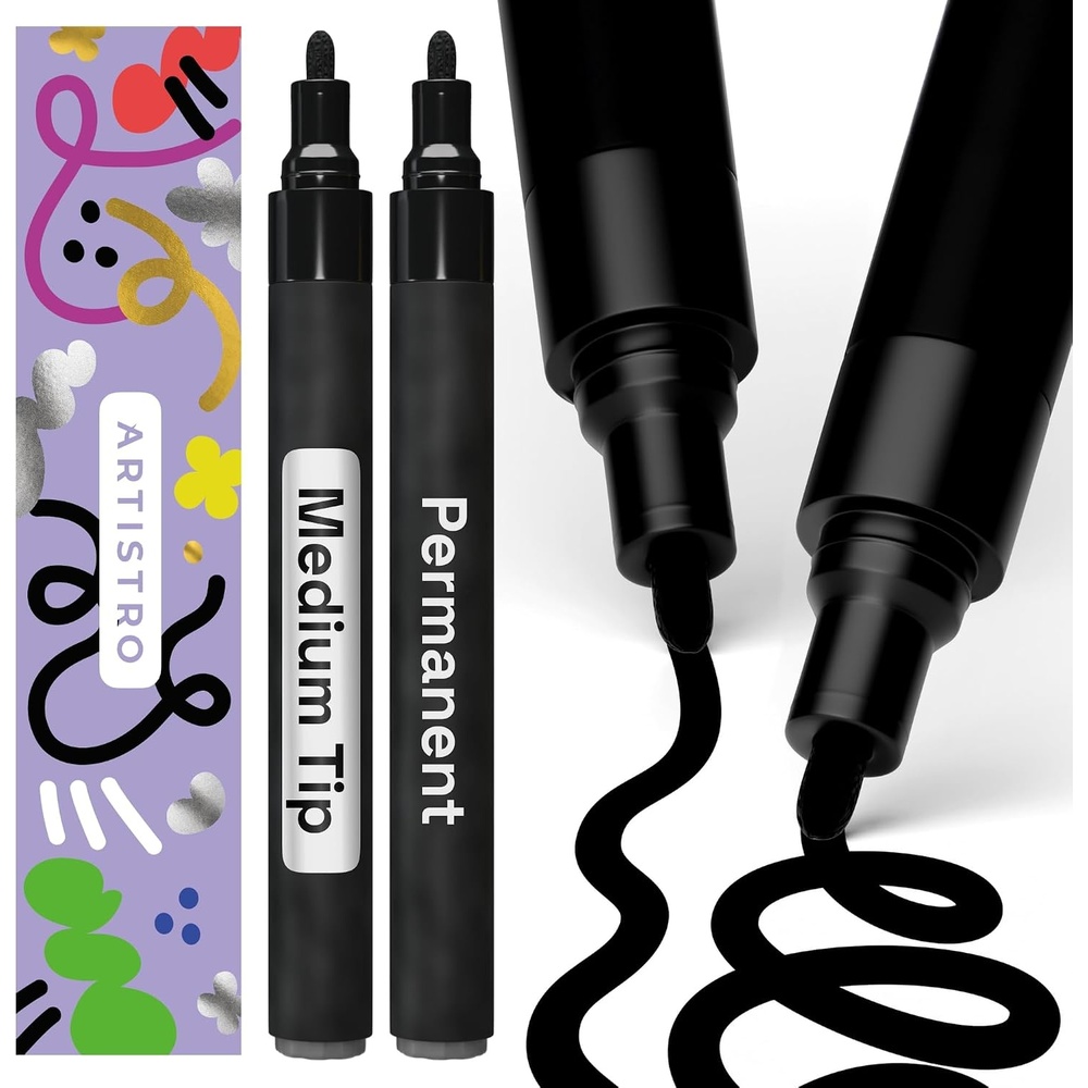 image:imageARTISTRO 2 White Permanent Marker  Waterproof Markers for Tire Fabric Rocks Glass Ceramic Wood Paper  Oil Based Paint Pens  ExtraFine Tip 07mmBlack