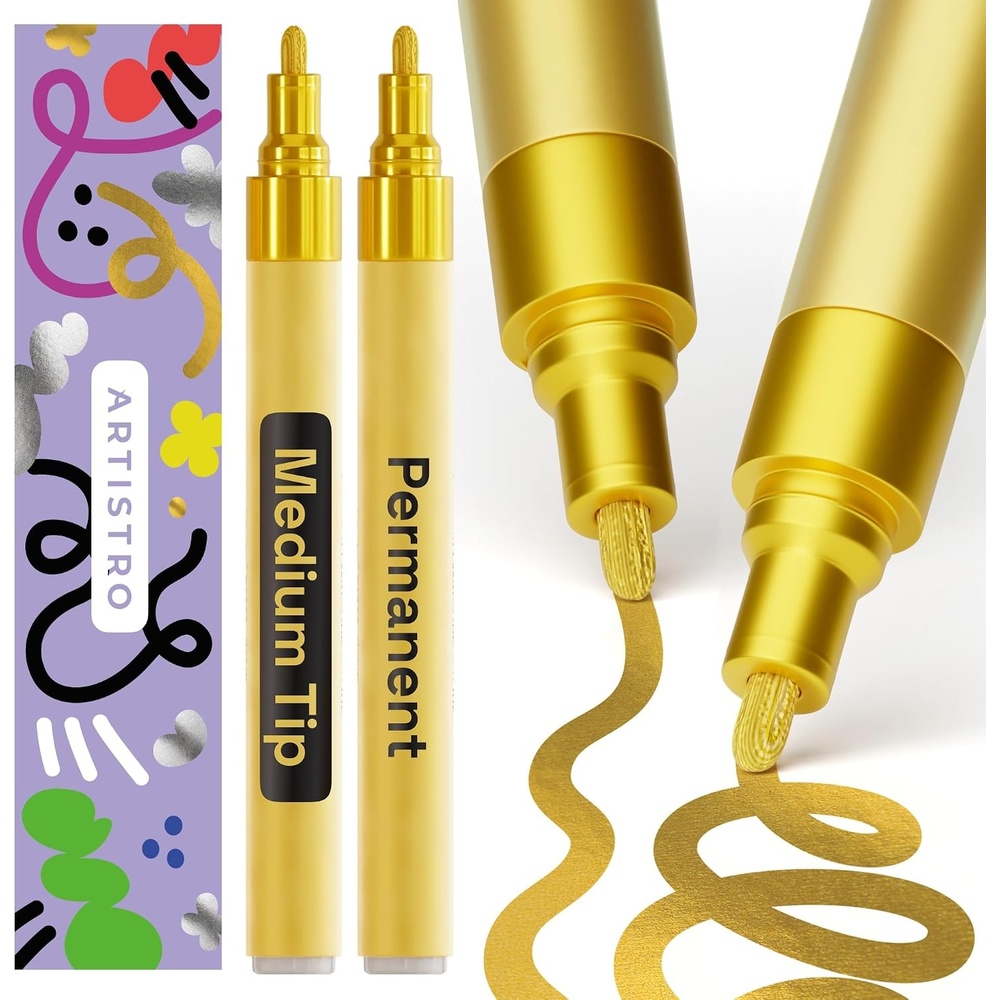 image:imageARTISTRO 2 White Permanent Marker  Waterproof Markers for Tire Fabric Rocks Glass Ceramic Wood Paper  Oil Based Paint Pens  ExtraFine Tip 07mmGold