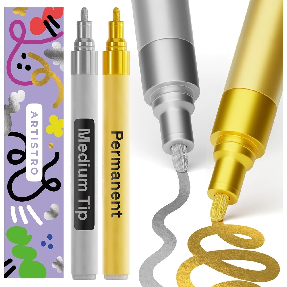 image:imageARTISTRO 2 White Permanent Marker Waterproof Markers for Tire Fabric Rocks Glass Ceramic Wood Paper Oil Based Paint Pens ExtraFine Tip 07mmSilver Gold