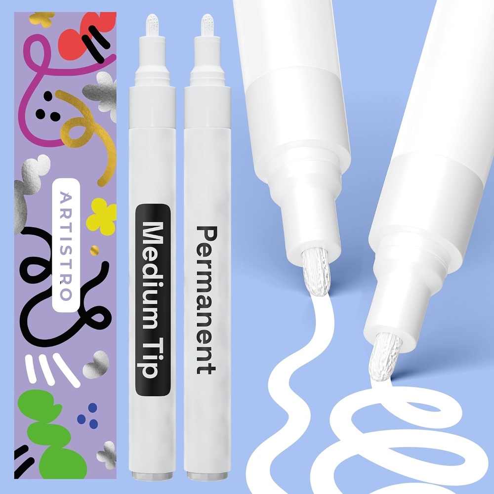 image:imageARTISTRO 2 White Permanent Marker Waterproof Markers for Tire Fabric Rocks Glass Ceramic Wood Paper Oil Based Paint Pens ExtraFine Tip 07mmWhite
