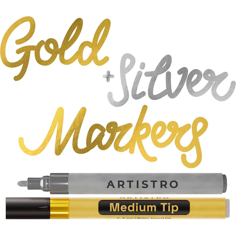 image:imageARTISTRO Black Acrylic Paint Markers 07mm Extra FineTip Set of 2Gold Silver
