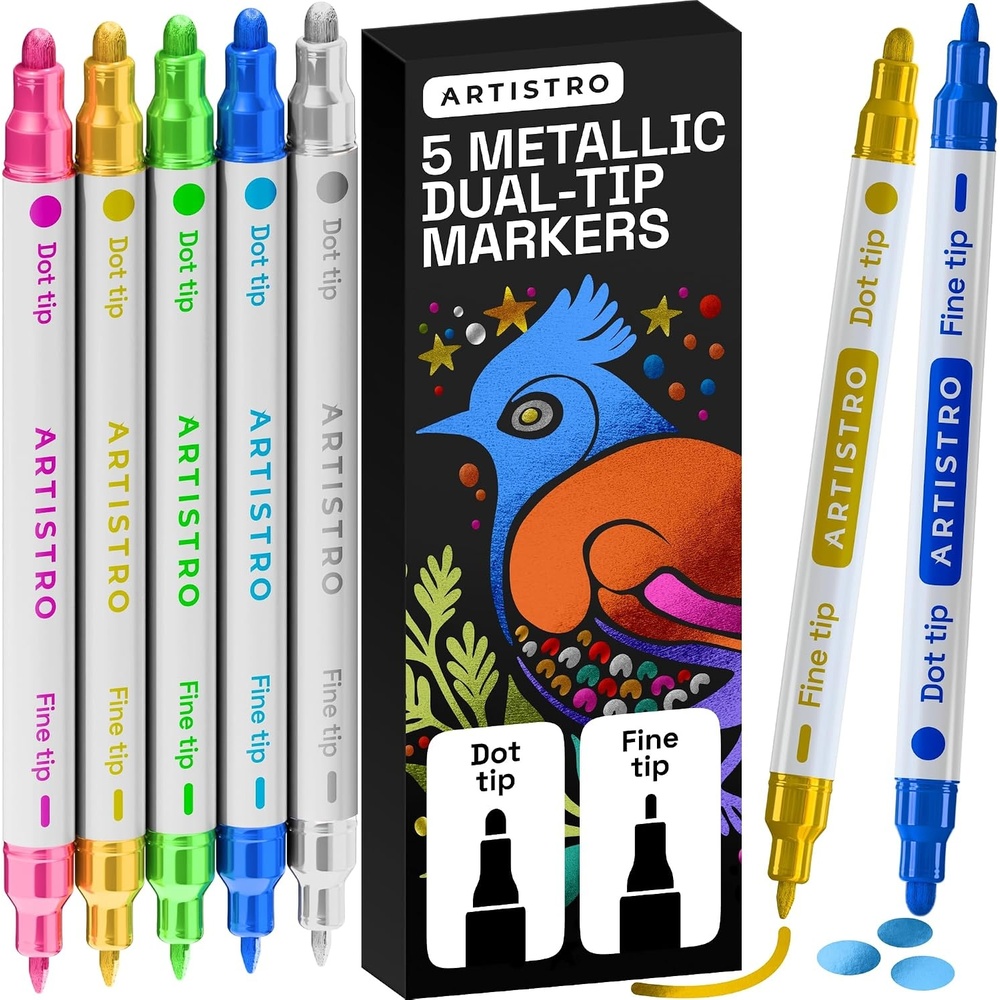 image:imageARTISTRO Black DualTip Acrylic Paint Marker Pens Set of 5Metallic