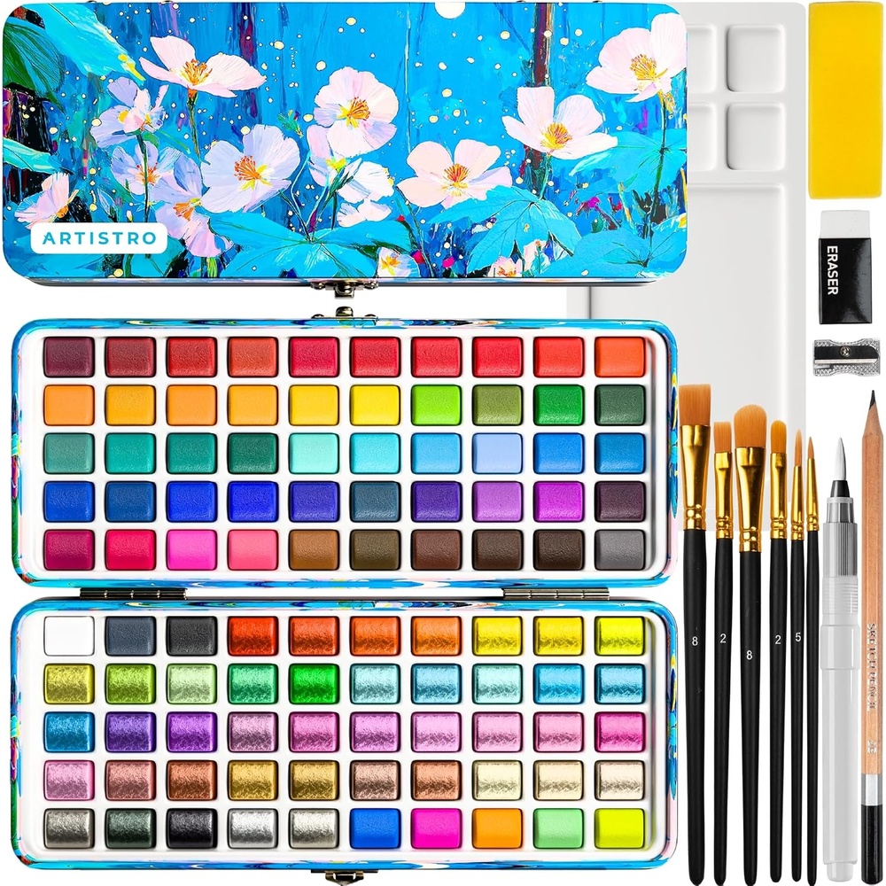 image:imageARTISTRO Metallic Watercolor Paint Set with Palette amp Brush Pens 18 Color100 Colors Portable Travel Limited