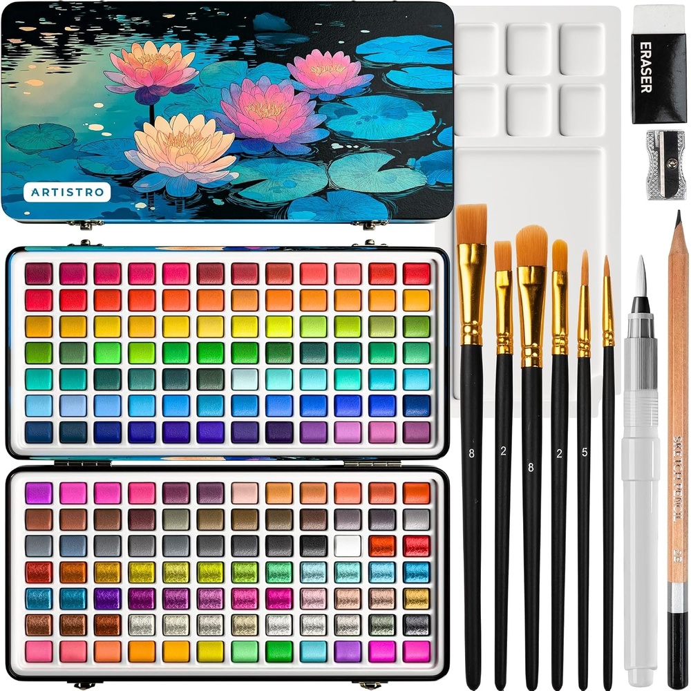 image:imageARTISTRO Metallic Watercolor Paint Set with Palette amp Brush Pens 18 Color168 colors Portable Travel Limited