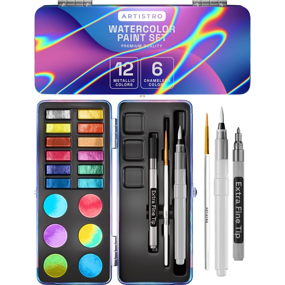 image:imageARTISTRO Metallic Watercolor Paint Set with Palette amp Brush Pens 18 Color18 colors Portable Travel