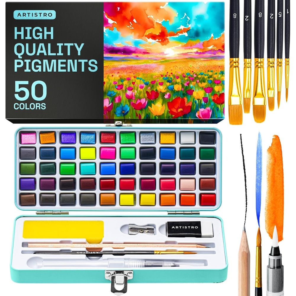 image:imageARTISTRO Metallic Watercolor Paint Set with Palette amp Brush Pens 18 Color50 Colors Portable Folded