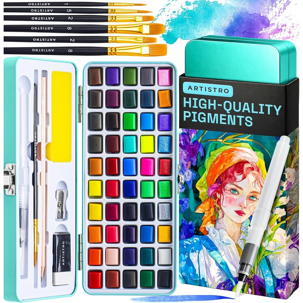 image:imageARTISTRO Metallic Watercolor Paint Set with Palette amp Brush Pens 18 Color50 Colors Portable Travel