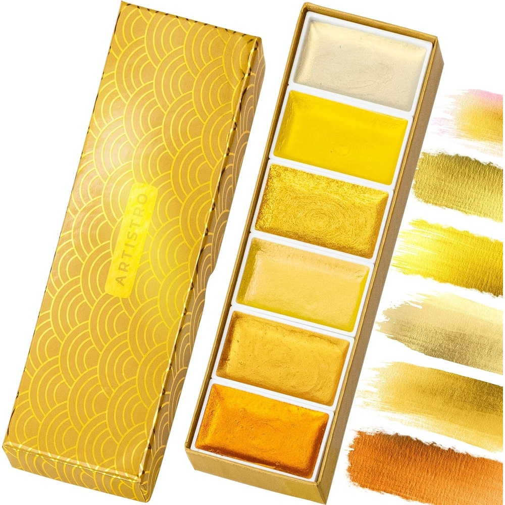 image:imageARTISTRO Professional Watercolor Paint Set for Adults  48 PigmentRich Colors XL Pans ASTMI Lightfastness High Tinting Strength Watercolor Set for Professionals made by professionals6 Gold Colors