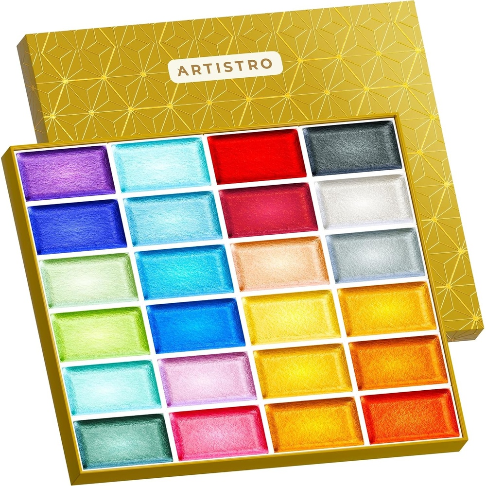 image:imageARTISTRO Professional Watercolor Paint Set for Adults 48 PigmentRich Colors XL Pans ASTMI Lightfastness High Tinting Strength Watercolor Set for Professionals made by professionals24 Metallic Colors